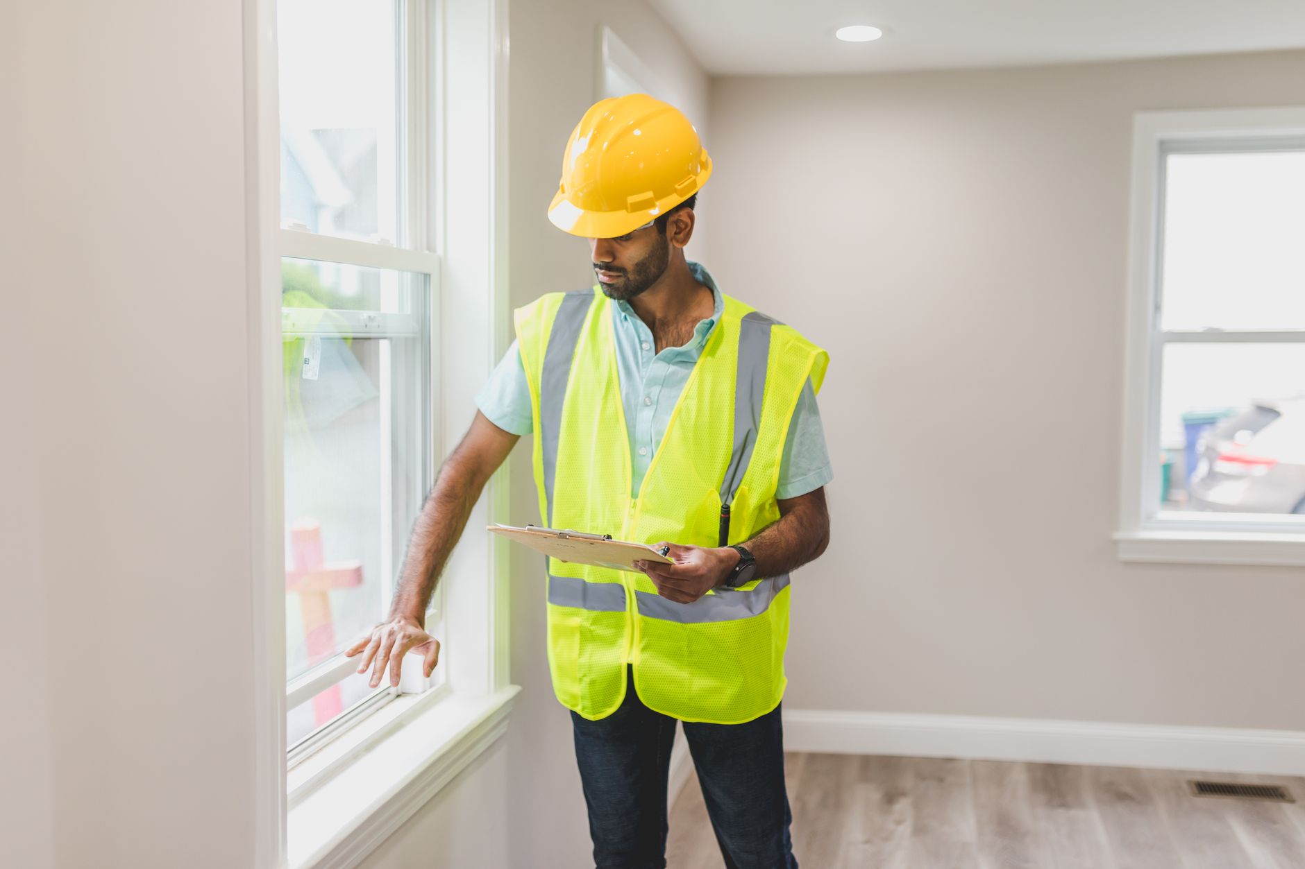 Real estate agent inspecting window indoors, wearing safety vest and hard hat, ensuring home safety in Austin, TX